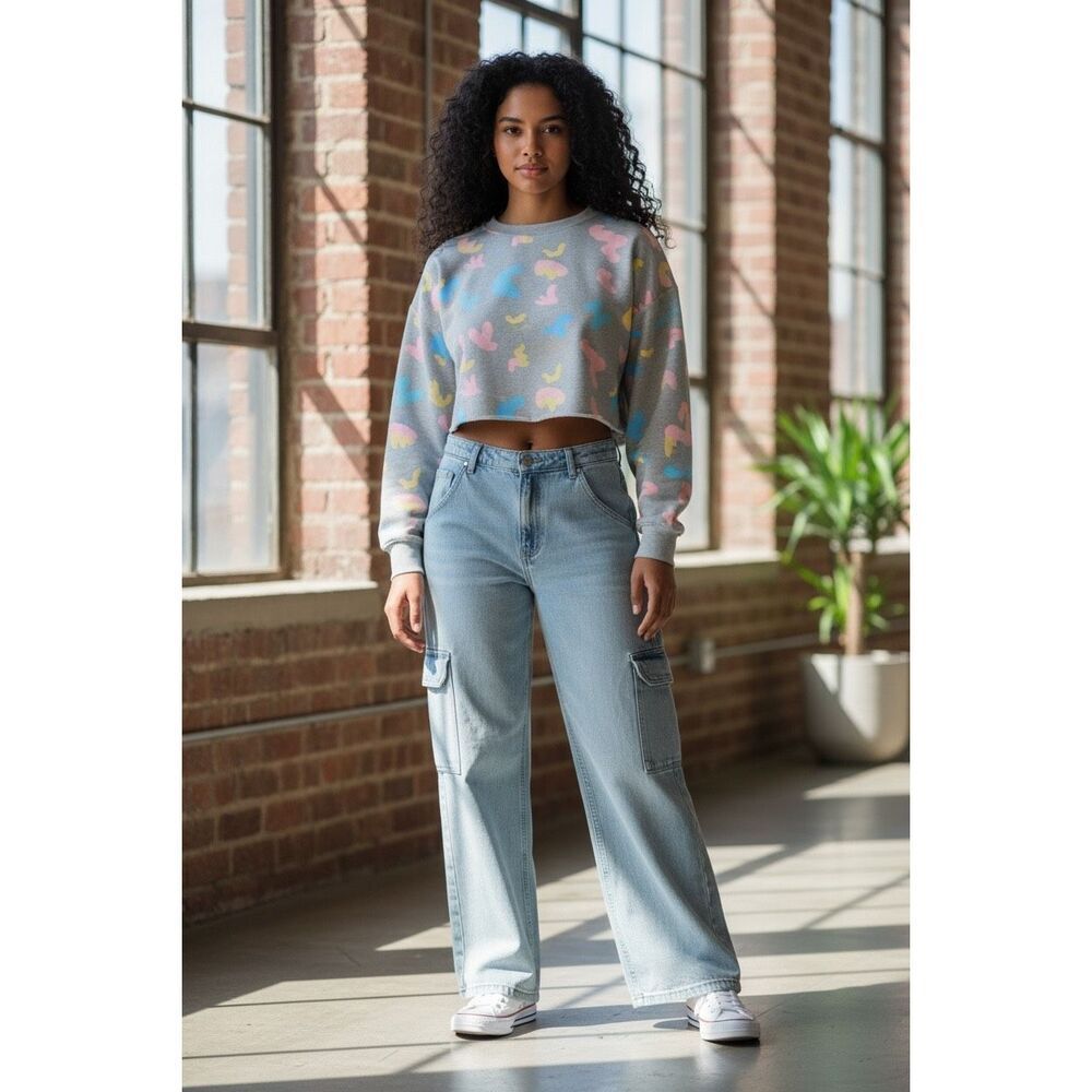 MNG Denim Womens Light Blue Frayed Hem Cargo Pants Size 6